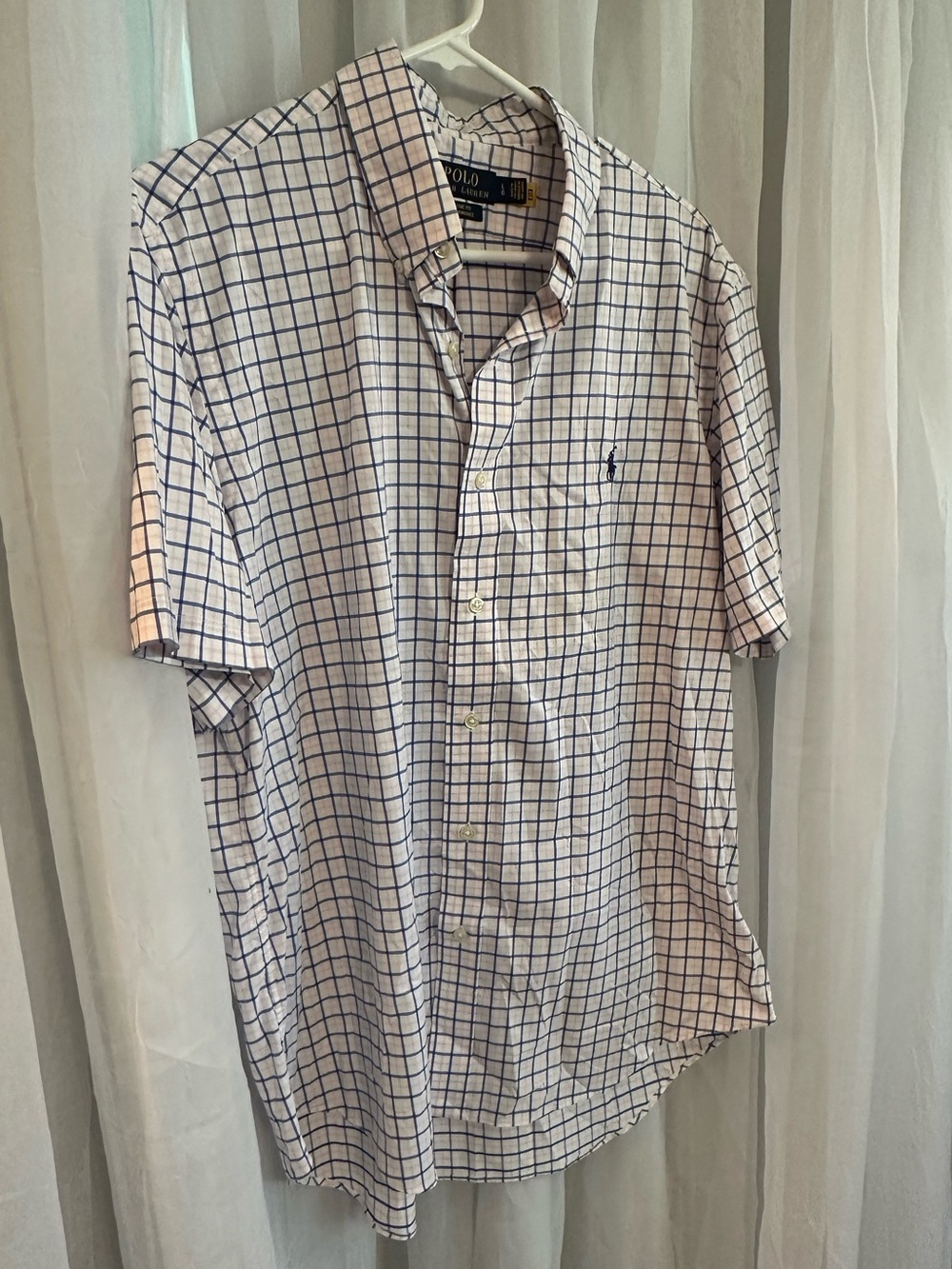 Polo by Ralph Lauren White & Blue Windowpane Short Sleeve Button-Up Shirt